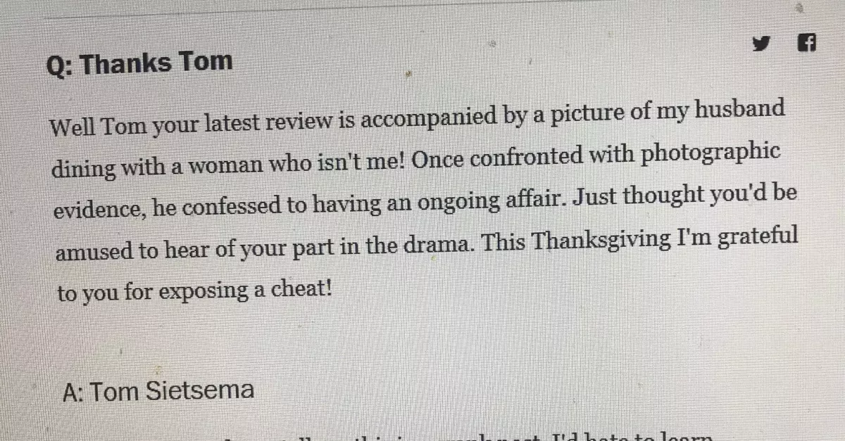 Food Critic Accidentally Exposes A Husband's Affaire