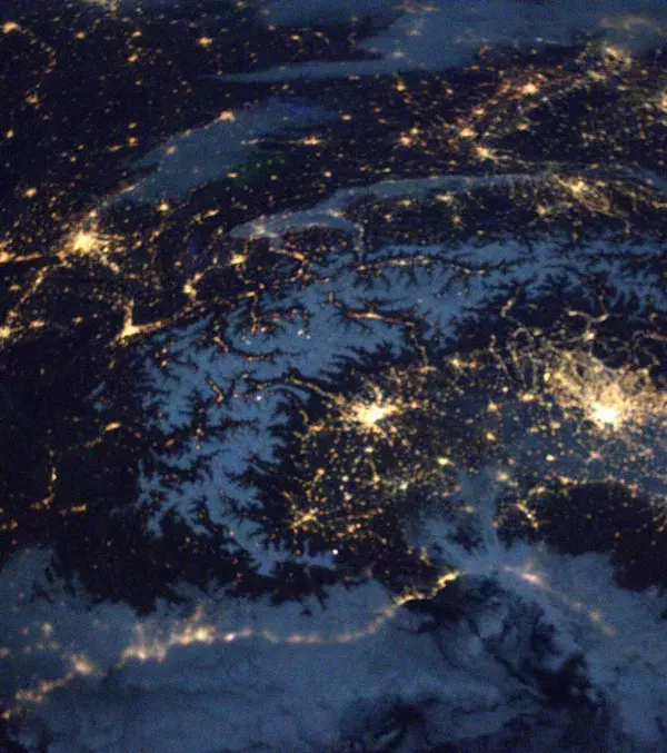 The cities of Turin, Milan and Lyon shining brightly
