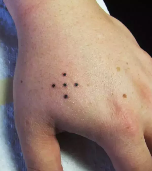 Five dots: this tattoo represents the prisoner confined within the walls of the prison. One dot surrounded by 4 outer dots.