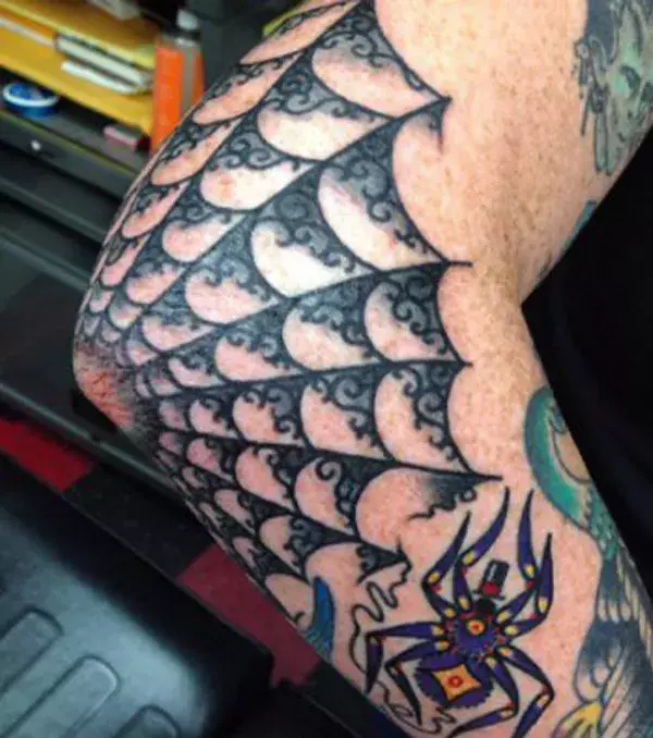 Spider web on the elbow: like the five dots, this tattoo is once again representative of time spent in prison. The further the web is extended, the longer the stay in prison.